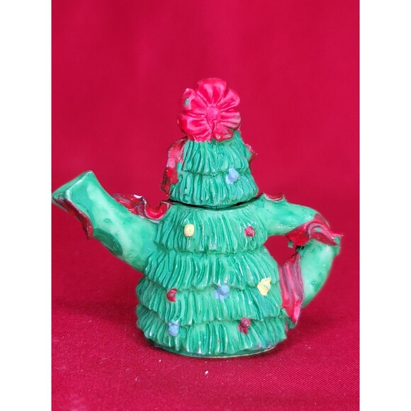 Miniature Christmas Tree TeaPot w/Cups Hand Painted Green Hermitage Pottery Set - Picture 5 of 12